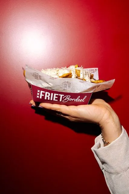 Friet in een bedrukt bakje met vetvrij papier
